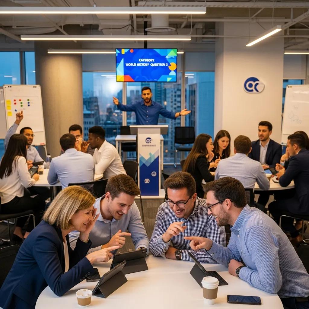 Employees from various departments collaborating during a live trivia game, enhancing team bonding