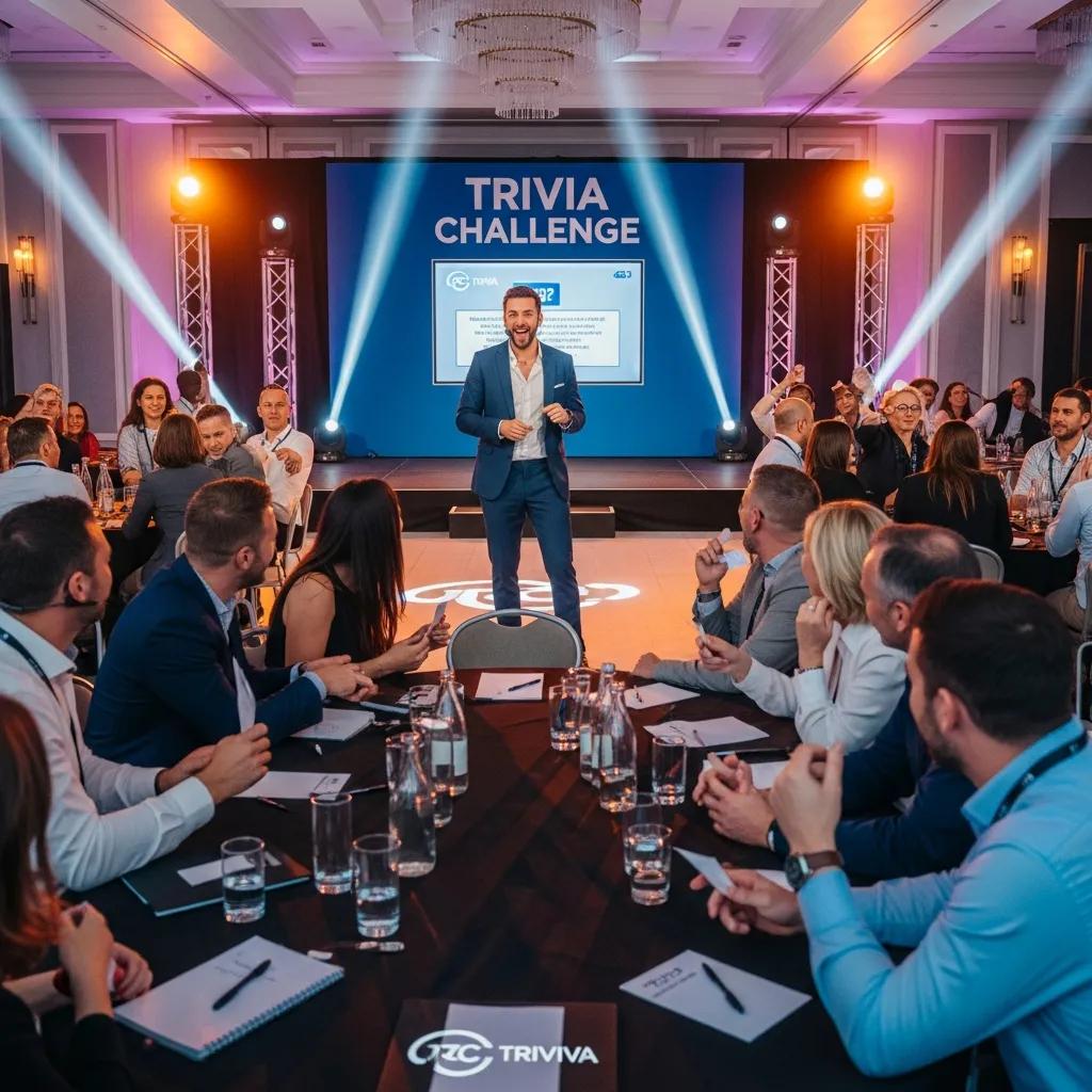 Live corporate trivia game show with an energetic host engaging a diverse audience