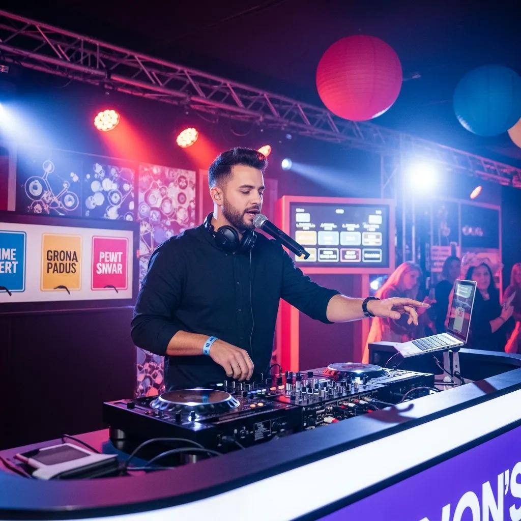 Professional game show DJ engaging a corporate audience with interactive elements in San Diego